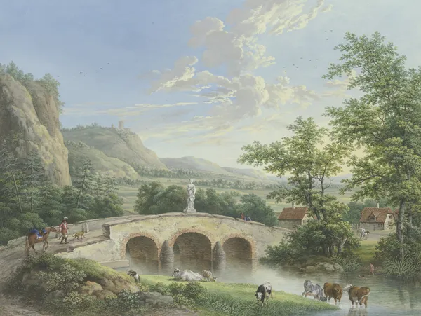 Tallandschaft mit einer steinernen Brücke, auf deren Brüstung eine antike Skulptur aufgestellt ist av Johann Georg Pforr