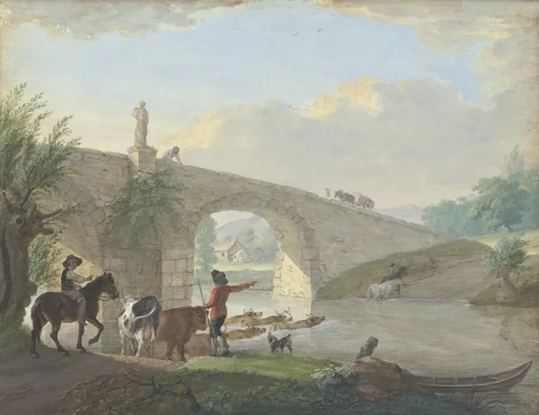 Viehherde mit zwei Hirten, bei einer Steinbrücke durch das Wasser schwimmend av Johann Georg Pforr
