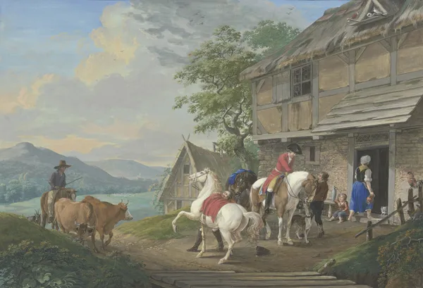 Zwei Reiter mit einem Packpferd halten vor einem Bauernhaus av Johann Georg Pforr