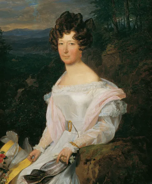 Dame in weißem Kleid vor einer Wienerwaldlandschaft av Ferdinand Georg Waldmüller
