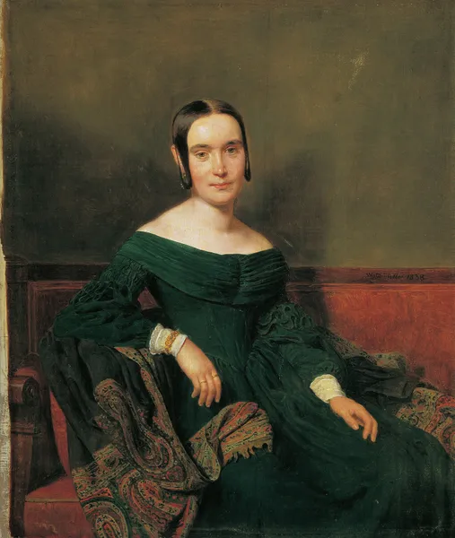 Lady in vermilion dress av Ferdinand Georg Waldmüller