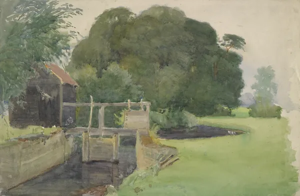 Landscape with lock gate av Sir George Clausen