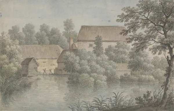 A Village Pond with Farm Buildings av George Lambert