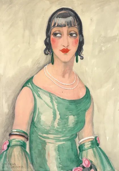 Portrait of a woman in green dress and pearls av Gerda Wegener