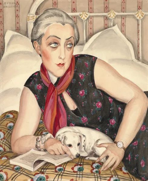 Portrait of a woman reading with a dog av Gerda Wegener