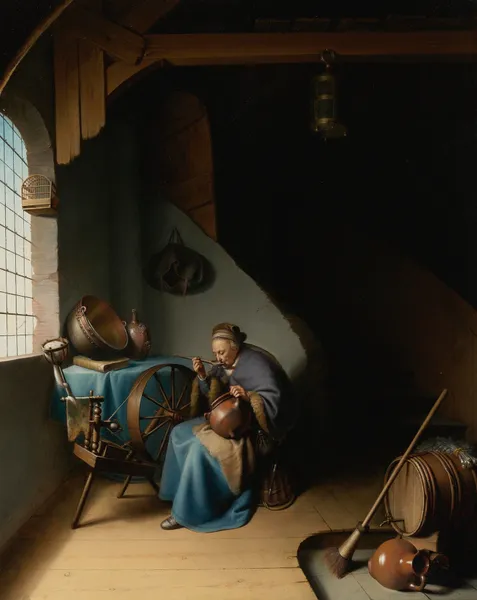 An Elderly Woman, Seated By A Window At Her Spinning Wheel, Eating Porridge av Gerrit Dou