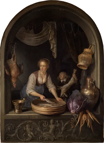 Kitchen maid at the window av Gerrit Dou