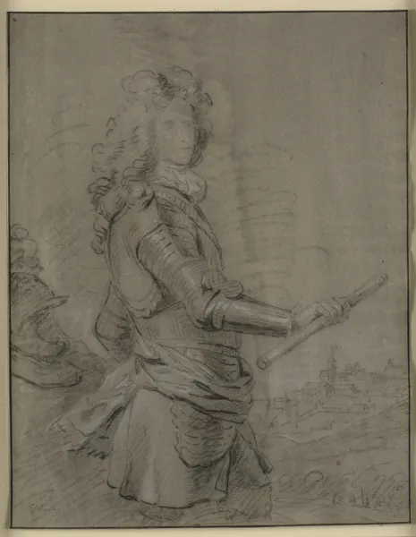 Portræt i knæfigur af en hærfører i rustning og med stav i højre hånd I baggrunden et landskab med en by av Sir Godfrey Kneller