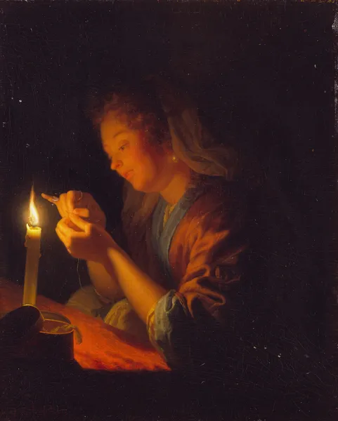 Girl threading a Needle by Candlelight av Godfried Schalcken