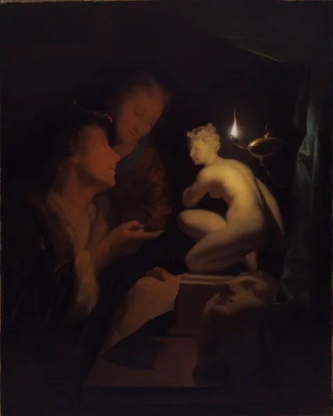 Young Man and Woman Studying a Statue of Venus, by Lamplight av Godfried Schalcken