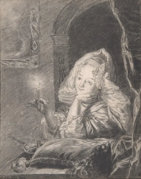 Young Woman Seated at a Table, Holding a Candle late av Godfried Schalcken