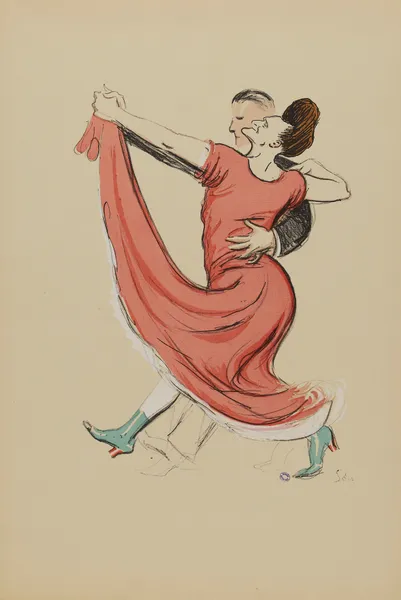 couple dansant, femme en robe rouge av Georges Goursat (Sem)