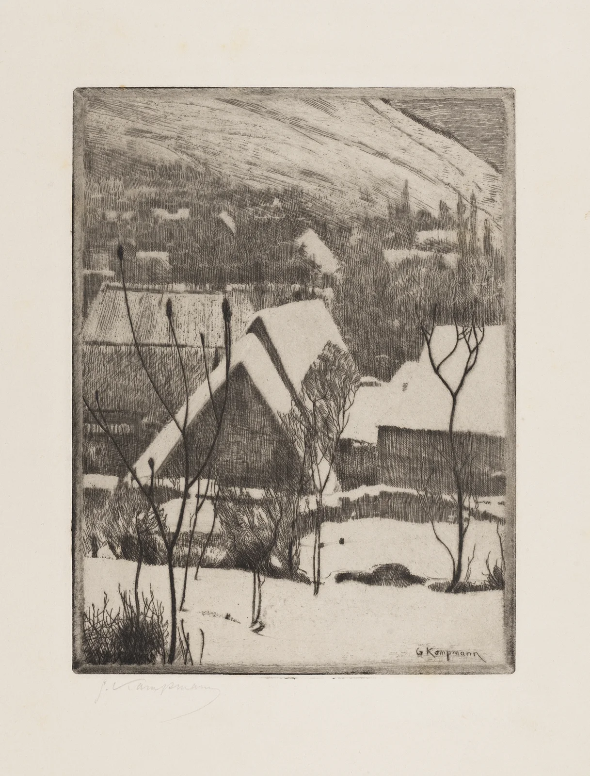 Dorf im Schnee av Gustav Kampmann