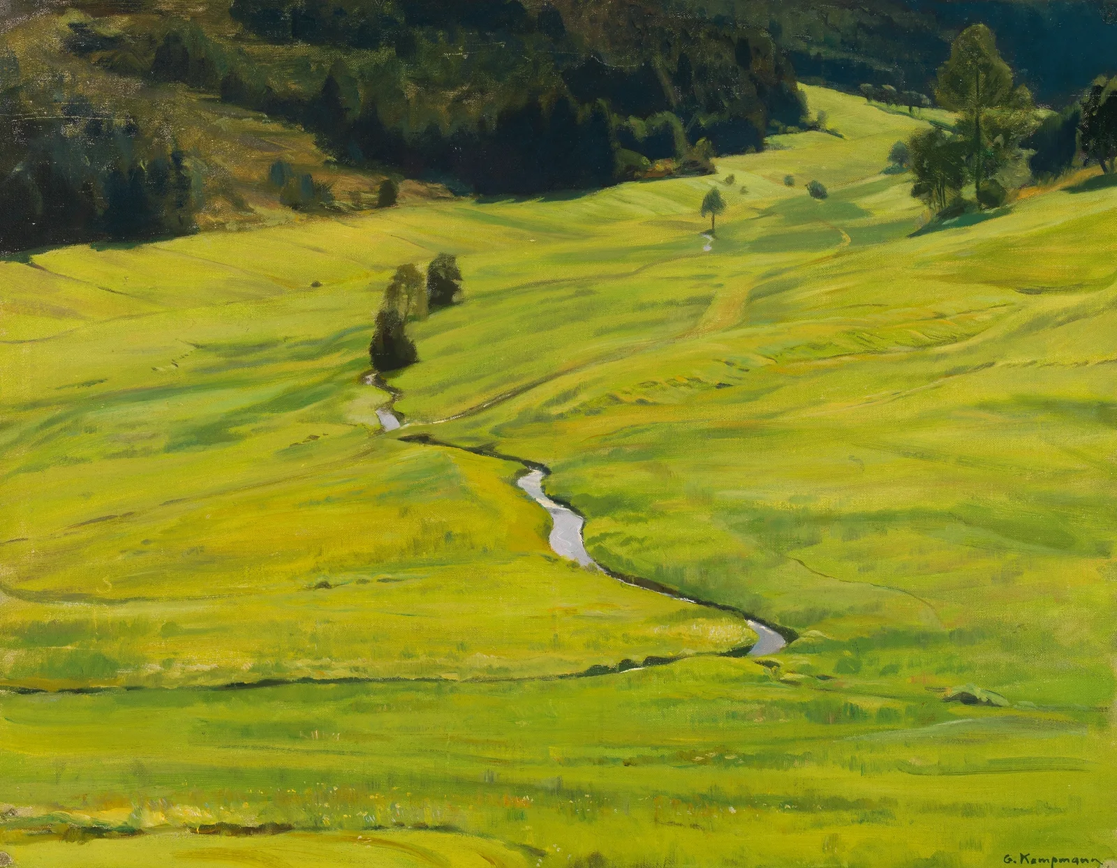 Sonniges Waldtal mit Bach av Gustav Kampmann