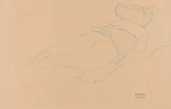 Auf dem Bauch liegender Halbakt nach rechts (Semi-nude Lying on her Stomach turned to the Right) – nr 1 av Gustav Klimt