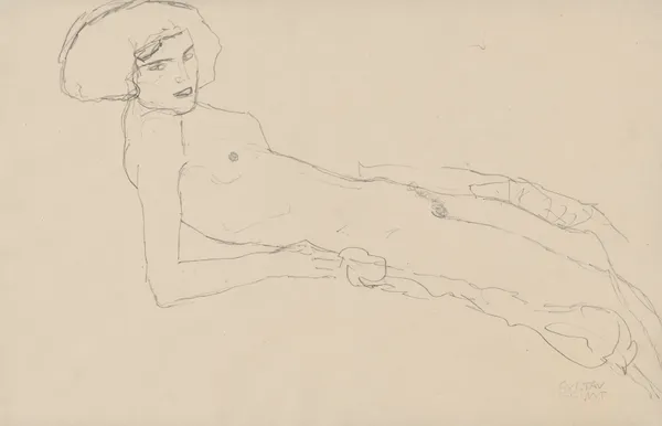 Aufgestützt liegender Akt av Gustav Klimt