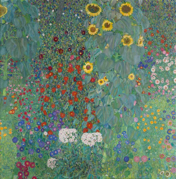 Cottage garden with sunflowers av Gustav Klimt