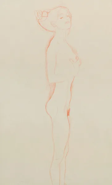 Naked Girl Standing, with Right Hand to Breast av Gustav Klimt