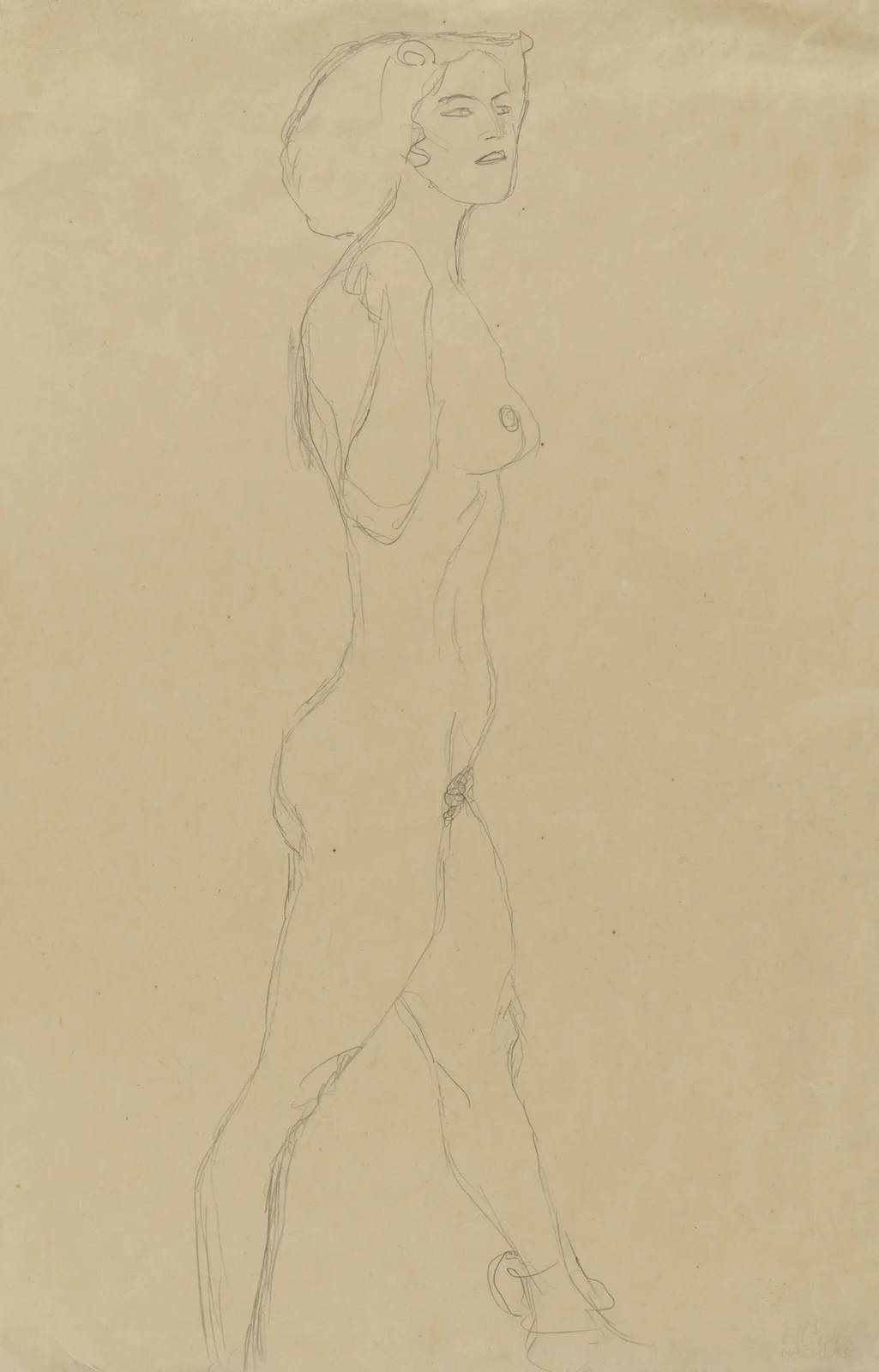 Schreitende (Die rechte Hand an der Schulter, das Gesicht im Dreiviertelprofil) av Gustav Klimt