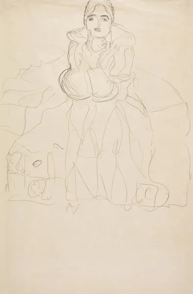 Sitzend von vorne, mit aufgestütztem Kinn (Seated Figure Head-On, Supporting her Chin) av Gustav Klimt
