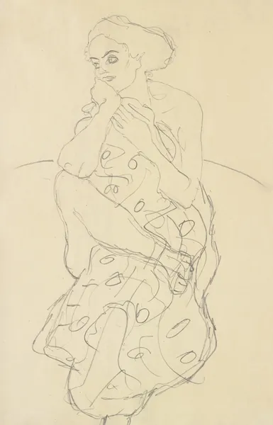 Sitzender Halbakt von vorne, den Kopf nach links gewendet (Seated Semi-Nude Seen Head-on with Her Head Turned to the Left) av Gustav Klimt