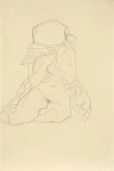 Sitzender Halbakt von vorne. Studie zu Tod und Leben (Semi-Nude seated. Study for Death and Life) av Gustav Klimt