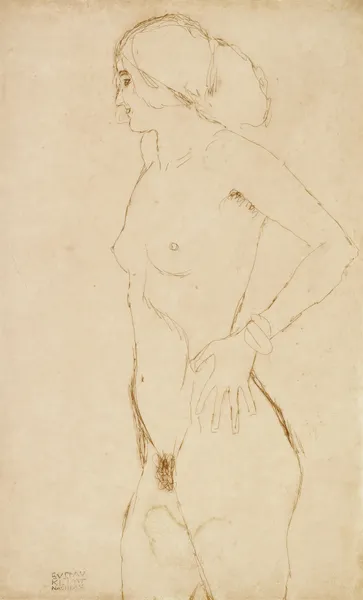 Standing nude girl, facing left av Gustav Klimt