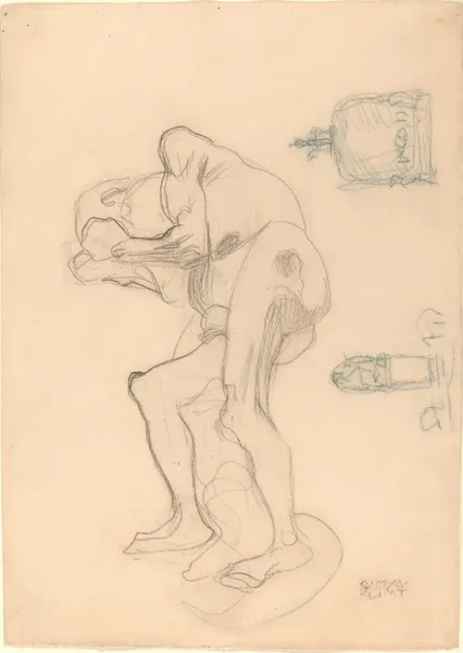 Study of a Nude Old Woman Clenching Her Fists, and Two Decorative Objects av Gustav Klimt