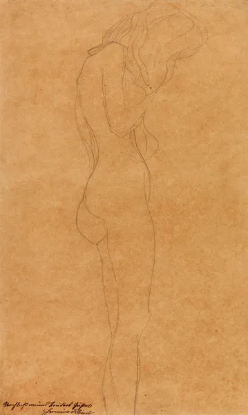 Weiblicher Akt mit langen Haaren (Studie für ‘Jurisprudenz’) av Gustav Klimt