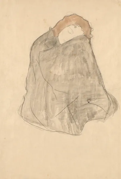 Zusammengekauert sitzende Frau, in dunklen Umhang gehüllt av Gustav Klimt