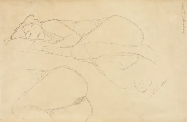 Zwei Studien einer Kauernden nach links, Kopfstudie av Gustav Klimt