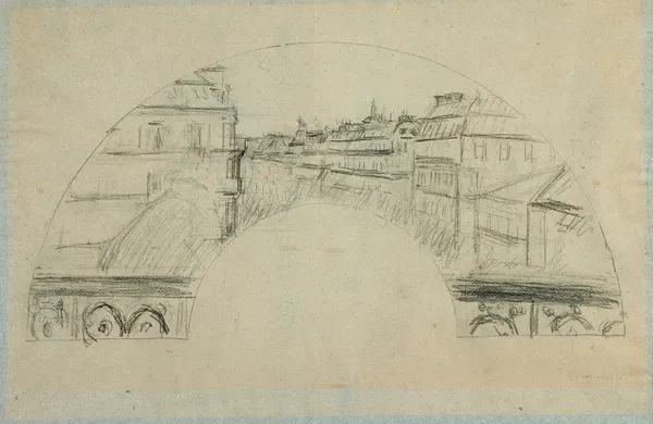 Paris, boulevard Haussmann; vue d’un balcon, projet d’éventail av Gustave Caillebotte