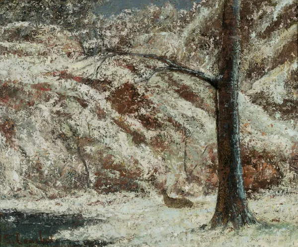 Fawn in the snow in the woods av Gustave Courbet