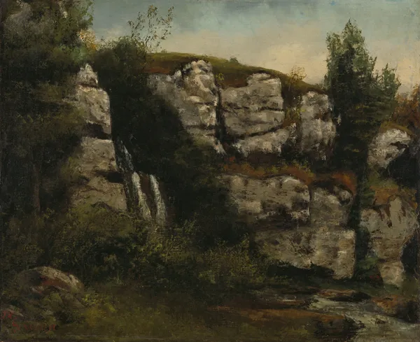 Landscape with Rocky Cliffs and a Waterfall av Gustave Courbet