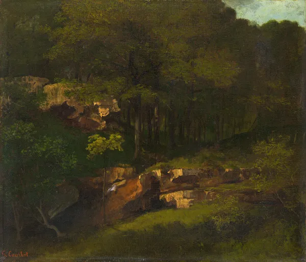 Wooded mountain slope with rocks av Gustave Courbet