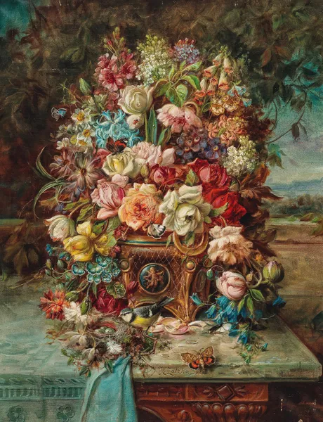 Reiches Blumenstillleben mit Blaumeise vor einer weiten Landschaft av Hans Zatzka