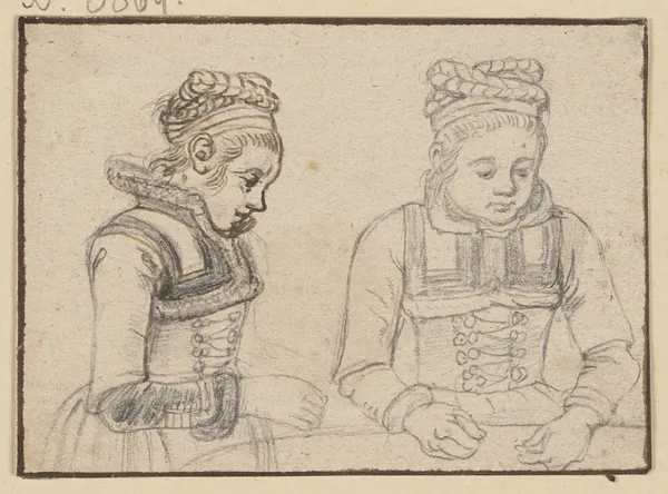 Brustbild eines Mädchens im Profil und von vorne av Hendrick Avercamp