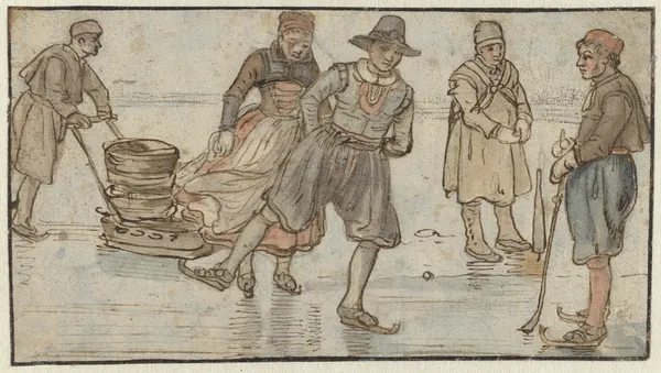 Skaters on the Ice, a Man Pushing a Sledge and a Kolf-player av Hendrick Avercamp