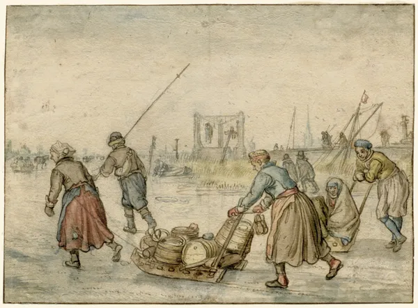 Winter Landscape with Two Women and a Sledge and Other Figures on the Ice, a Gallows in the Distance av Hendrick Avercamp