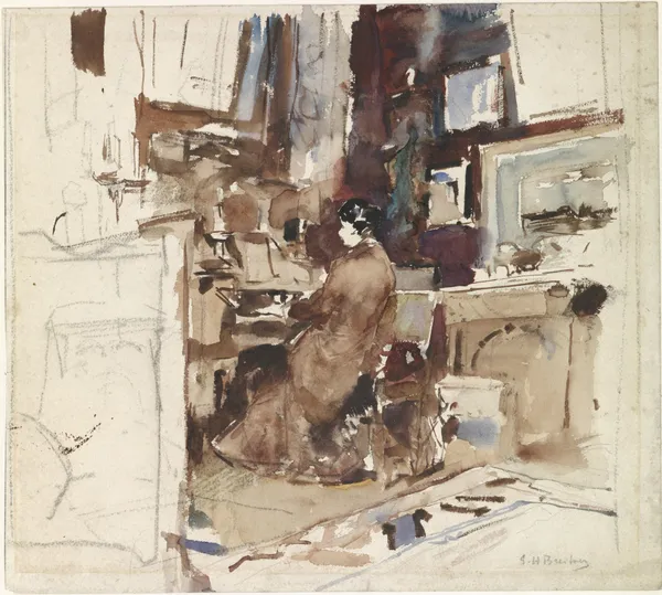 Dame in atelier achter harmonium av George Hendrik Breitner