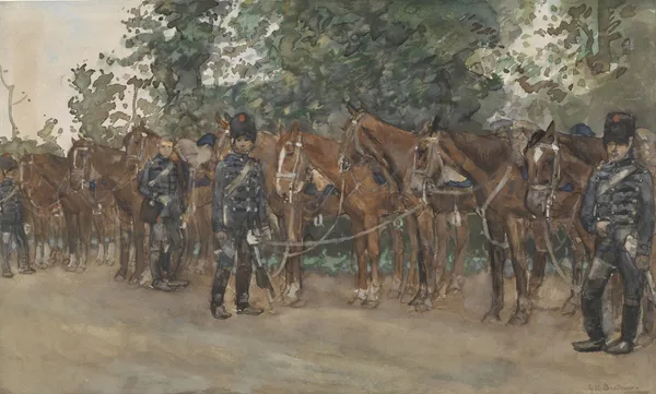 Huzaren staande naast hun paarden langs de kant van de weg av George Hendrik Breitner