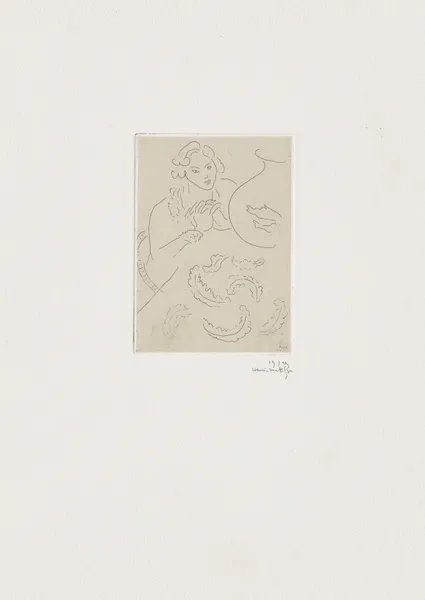 Figure mains jointes et nappe à décor persan av Henri Matisse