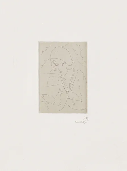 Jeune femme à la coiffure hollandaise, regardant des poissons av Henri Matisse