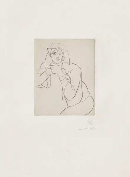 Jeune femme les mains jointes sur le dossier d’un meuble av Henri Matisse