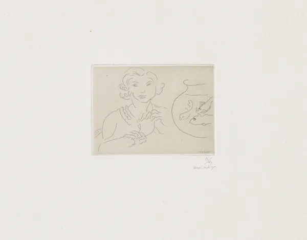 Jeune femme, mains croisées près d’un bocal de poissons av Henri Matisse
