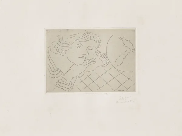Jeune femme, poissons rouges et nappe à carreaux av Henri Matisse