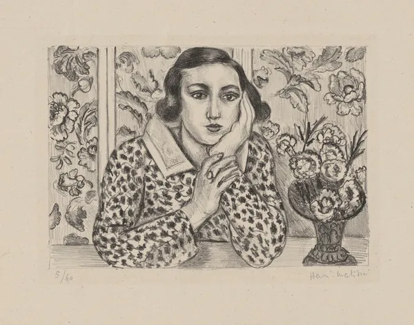 Jeune fille accoudée au paravent fleuri av Henri Matisse