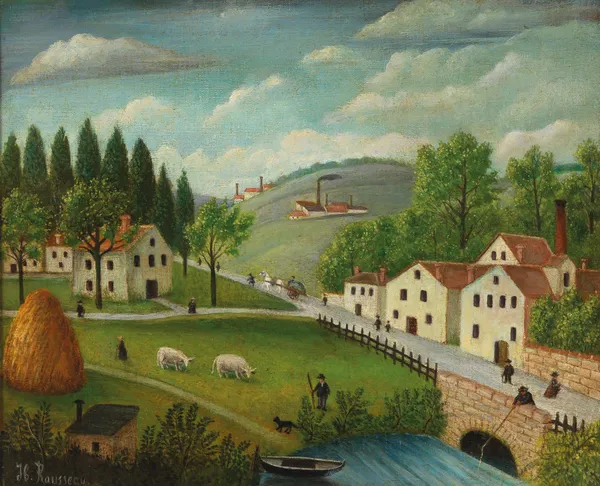 Pastoral landscape with stream, fisherman and strollers av Henri Rousseau