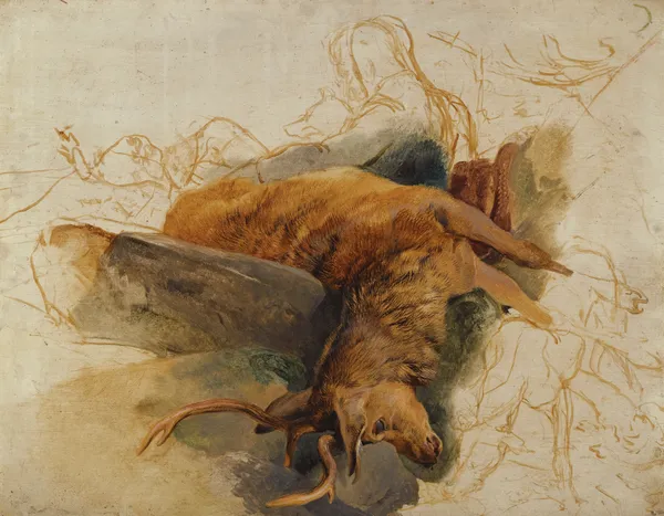 A Dead Stag, With Sketched Figures Of A Ghillie And Hounds av Sir Edwin Henry Landseer