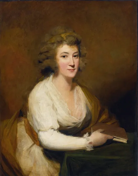Portrait Of Lady Nasmyth, In A White Dress And Brown Shawl, Seated At A Table, Holding A Book av Sir Henry Raeburn
